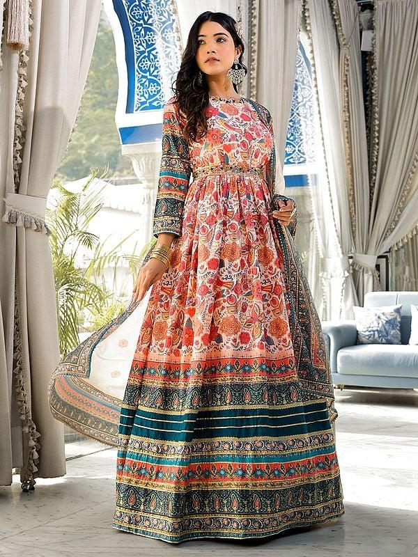 Exotic India Soft Dola Silk Ethnic Motifs Digital Printed Attractive Festive Wear Anarkali Gown With Chinon Dupatta 