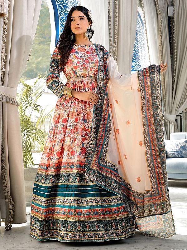 exotic india Soft Dola Silk Ethnic Motifs Digital Printed Attractive Festive Wear Anarkali Gown With Chinon Dupatta
