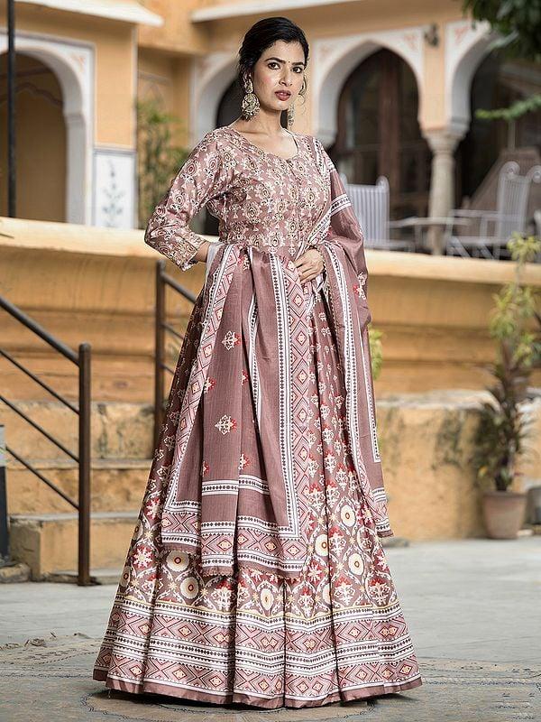 Exotic India Soft Dola Silk Flared And Digital Print Elegant Festive Wear Anarkali Gown With Chinon Dupatta