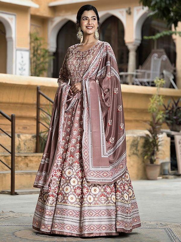Exotic India Soft Dola Silk Flared And Digital Print Elegant Festive Wear Anarkali Gown With Chinon Dupatta