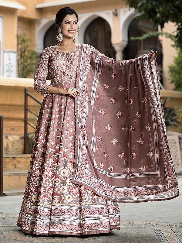 Exotic India Soft Dola Silk Flared And Digital Print Elegant Festive Wear Anarkali Gown With Chinon Dupatta