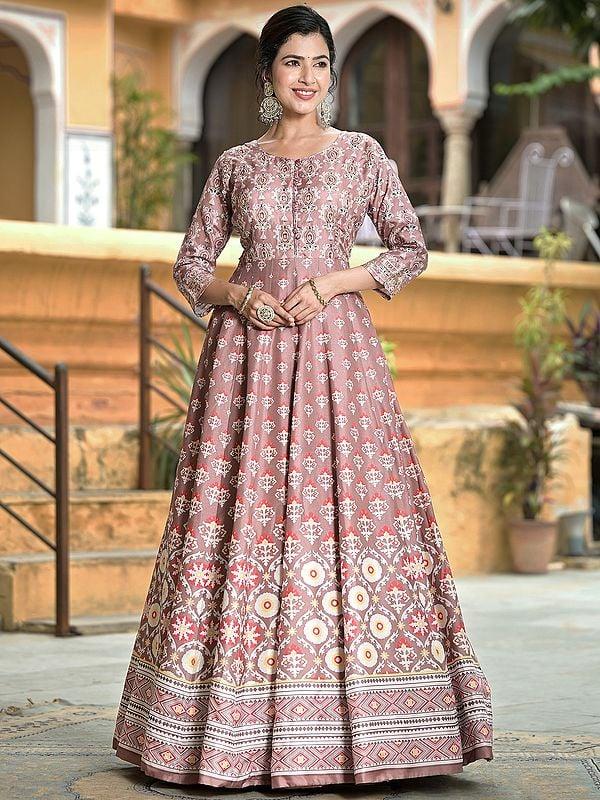exotic india Soft Dola Silk Flared And Digital Print Elegant Festive Wear Anarkali Gown With Chinon Dupatta 