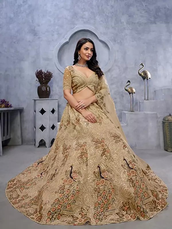 Exotic India Soft Net Exquisite Bagh Embroidery And Sequins Work Lehenga Choli With Dupatta 