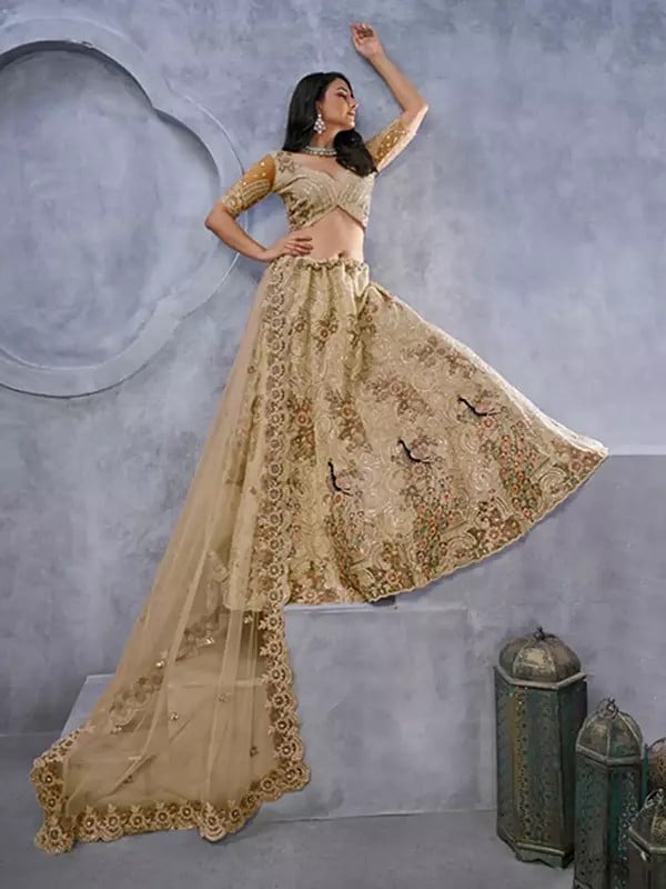 Exotic India Soft Net Exquisite Bagh Embroidery And Sequins Work Lehenga Choli With Dupatta 