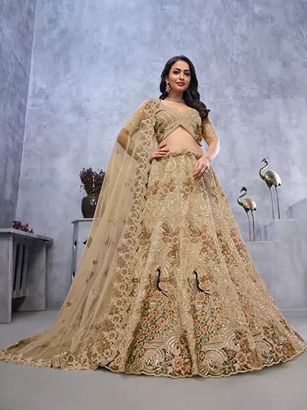 exotic india Soft Net Exquisite Bagh Embroidery And Sequins Work Lehenga Choli With Dupatta 