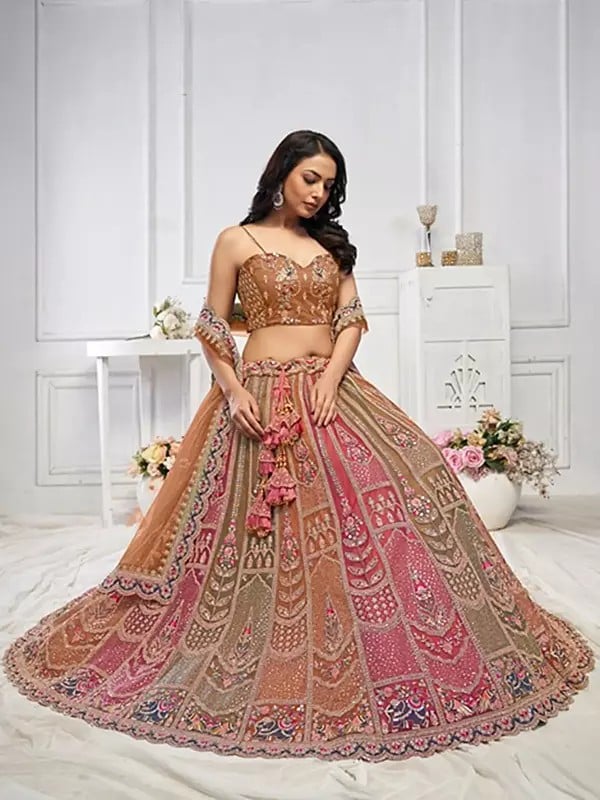 Exotic India Soft Net Zari Weaving And Thread Work Net Elegant Lehenga Choli With Dupatta 