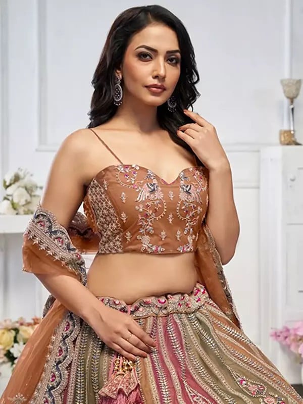 Exotic India Soft Net Zari Weaving And Thread Work Net Elegant Lehenga Choli With Dupatta 