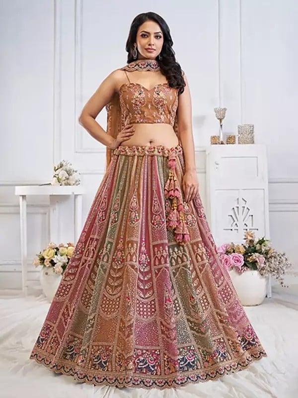 exotic india Soft Net Zari Weaving And Thread Work Net Elegant Lehenga Choli With Dupatta 