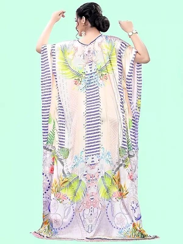 Exotic India Solitary-Star Floral Printed Satin Long Kaftan With Studded Stones 