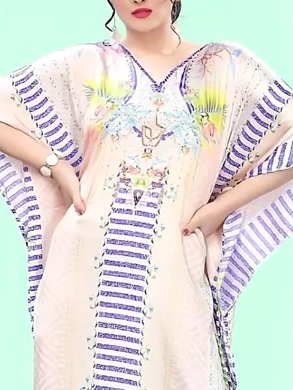 Exotic India Solitary-Star Floral Printed Satin Long Kaftan With Studded Stones 