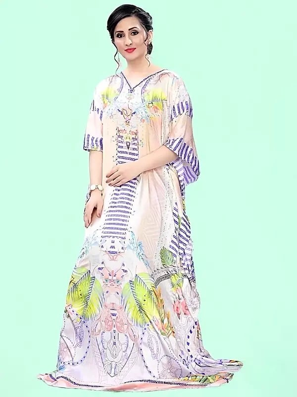 exotic india Solitary-Star Floral Printed Satin Long Kaftan with Studded Stones 