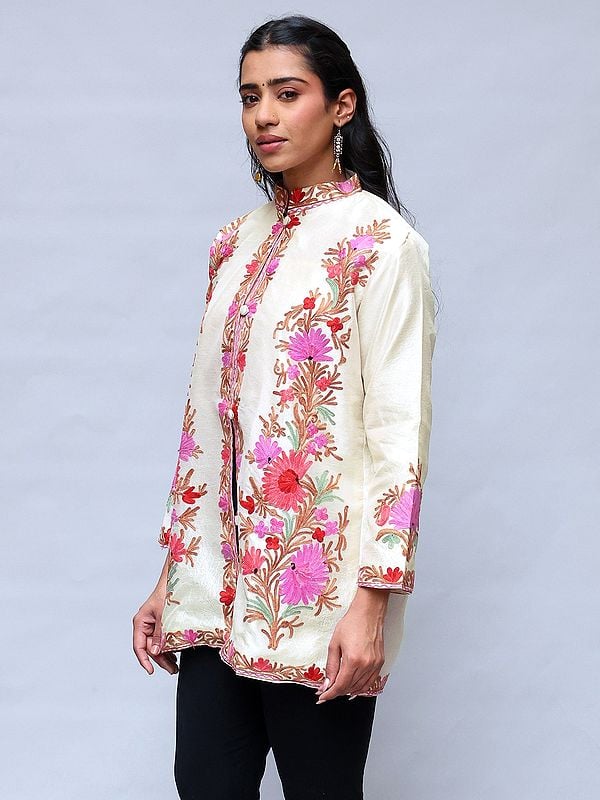 Exotic India Solitary-Star Kashmiri Short Jacket With Aari Embroidered Pattern