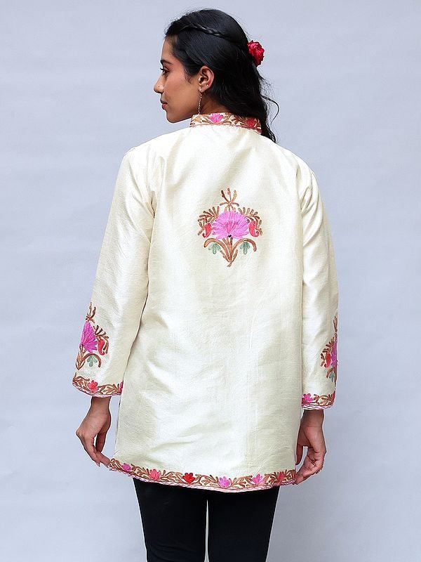 Exotic India Solitary-Star Kashmiri Short Jacket With Aari Embroidered Pattern