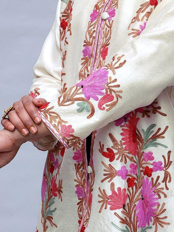 Exotic India Solitary-Star Kashmiri Short Jacket With Aari Embroidered Pattern