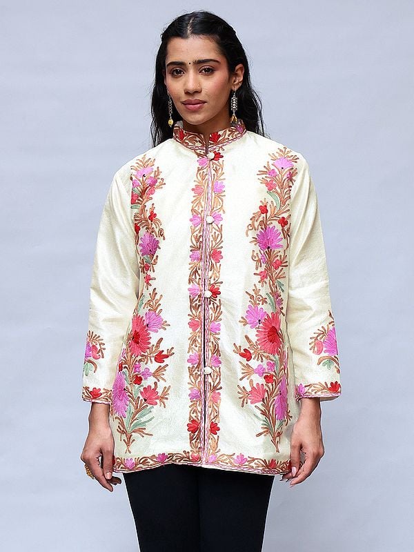 exotic india Solitary-Star Kashmiri Short Jacket with Aari Embroidered Pattern 