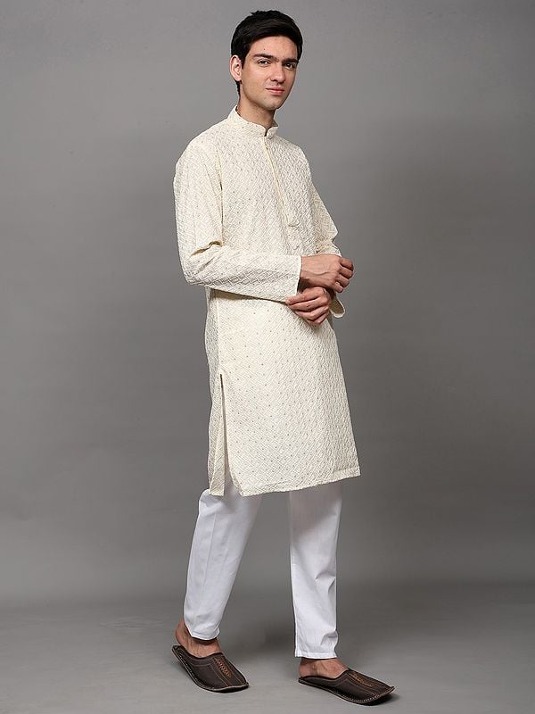 Exotic India Solitary-Star Lukhnavi Chikankari Embroidered Kurta With Sequin Work And And Pant Style Pajama 