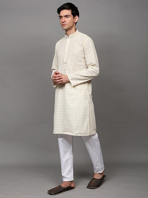 Exotic India Solitary-Star Lukhnavi Chikankari Embroidered Kurta With Sequin Work And And Pant Style Pajama 