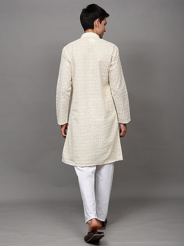 Exotic India Solitary-Star Lukhnavi Chikankari Embroidered Kurta With Sequin Work And And Pant Style Pajama 