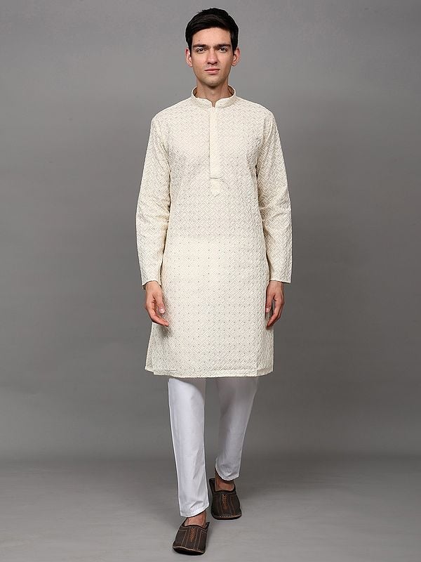 exotic india Solitary-Star Lukhnavi Chikankari Embroidered Kurta with Sequin Work and and Pant Style Pajama 