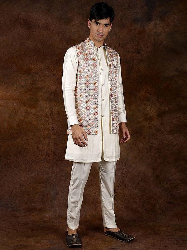 Exotic India Solitary-Star Three Piece Kurta Pajama Set With Front Open Waistcoat And Meenakari Embroidery 