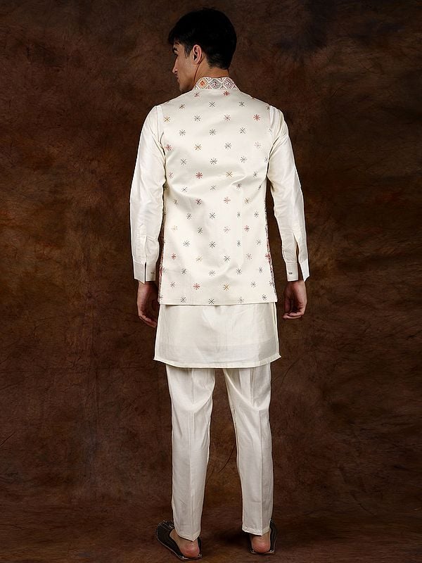 Exotic India Solitary-Star Three Piece Kurta Pajama Set With Front Open Waistcoat And Meenakari Embroidery 