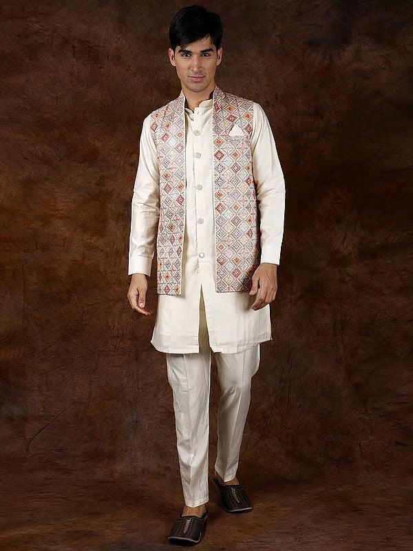 exotic india Solitary-Star Three Piece Kurta Pajama Set with Front Open Waistcoat and Meenakari Embroidery 