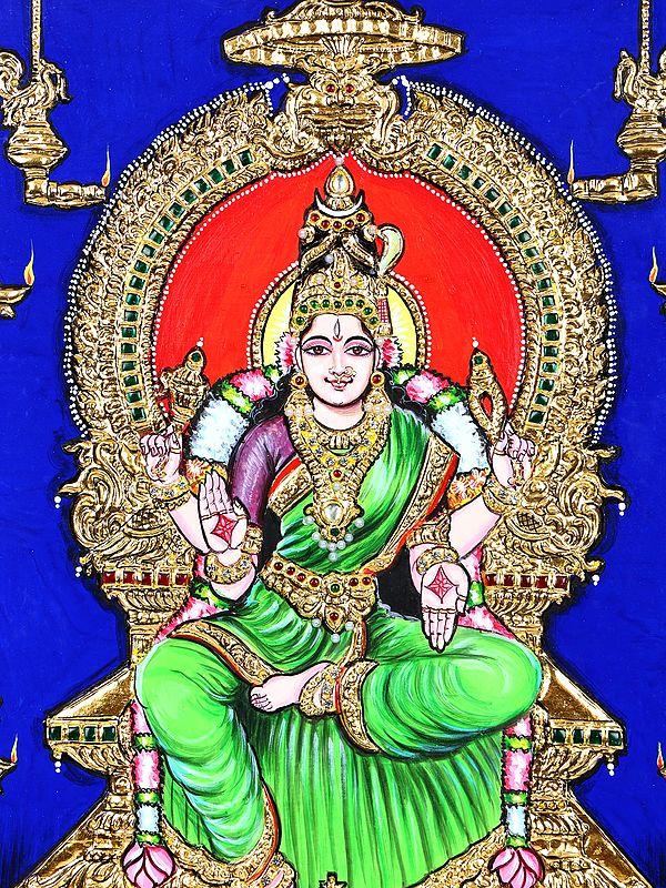 Exotic India South Indian Goddess Mariamman | 24 Karat Gold Work | Framed Tanjore Painting 