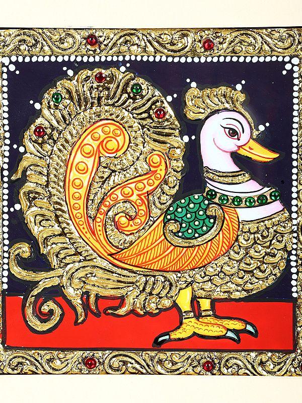 Exotic India South Indian Peacock | 24 Karat Gold Work | Framed Tanjore Painting