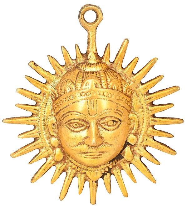 exotic india Sparkling Golden Brass Handmade Vastu Wall Hanging of Surya Bhagwan 