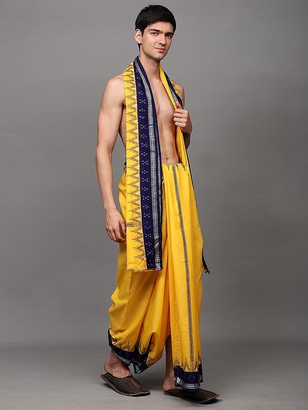 Exotic India Spectra-Yellow Drape Dhoti With Angavastram Set With Ikat Woven Temple Border From Sambalpur 
