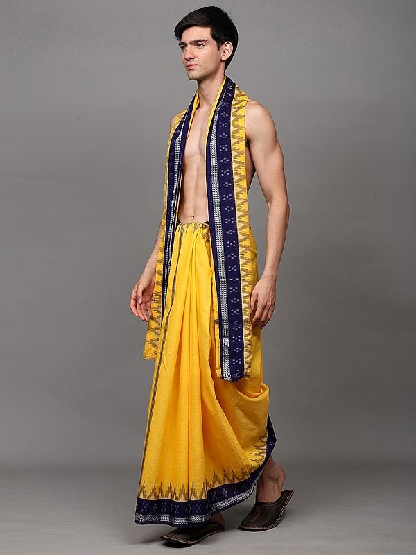 Exotic India Spectra-Yellow Drape Dhoti With Angavastram Set With Ikat Woven Temple Border From Sambalpur 
