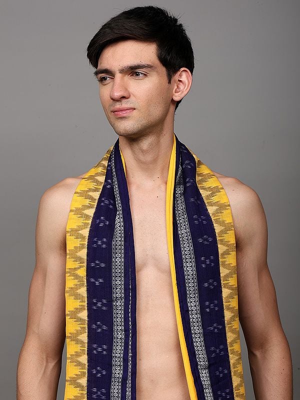 Exotic India Spectra-Yellow Drape Dhoti With Angavastram Set With Ikat Woven Temple Border From Sambalpur 