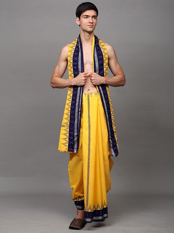 exotic india Spectra-Yellow Drape Dhoti with Angavastram Set with Ikat Woven Temple Border from Sambalpur 