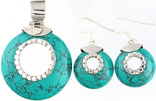 exotic india Spider's Web Faux Turquoise Pendant with Matching Earrings Set - Sterling Silver