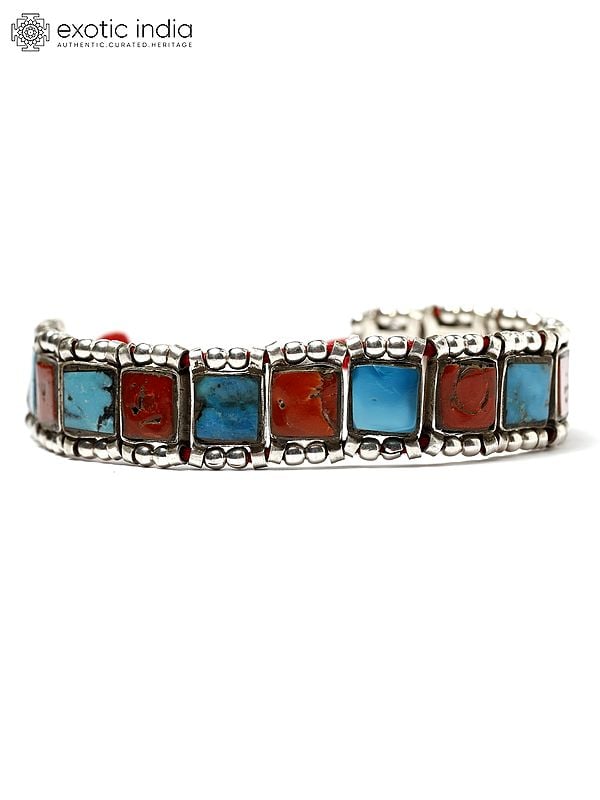 Exotic India Square Cut Turquoise And Coral Bracelet 