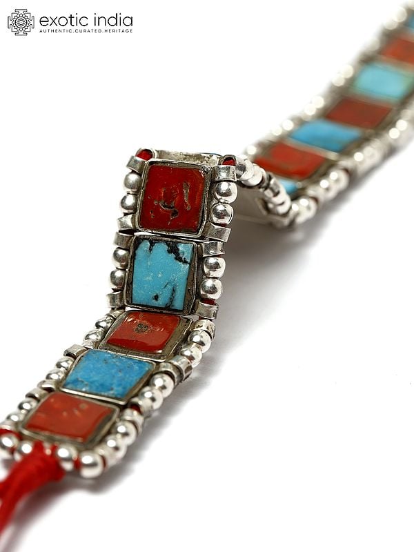 Exotic India Square Cut Turquoise And Coral Bracelet 