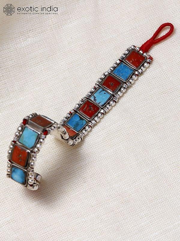 Exotic India Square Cut Turquoise And Coral Bracelet 