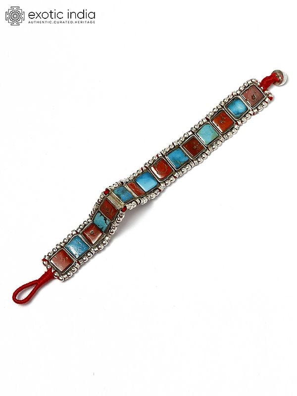 exotic india Square Cut Turquoise and Coral Bracelet 