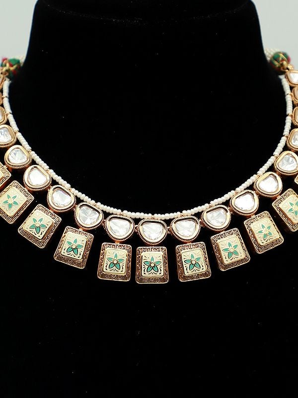 Exotic India Square Shape Brass Necklace Set With Meenakari Carving And Earrings