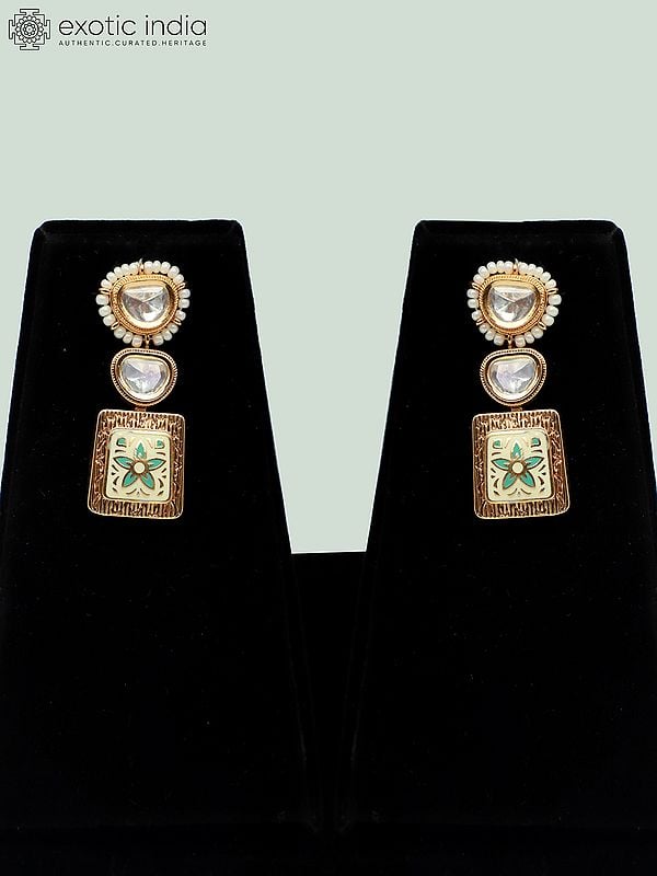 Exotic India Square Shape Brass Necklace Set With Meenakari Carving And Earrings