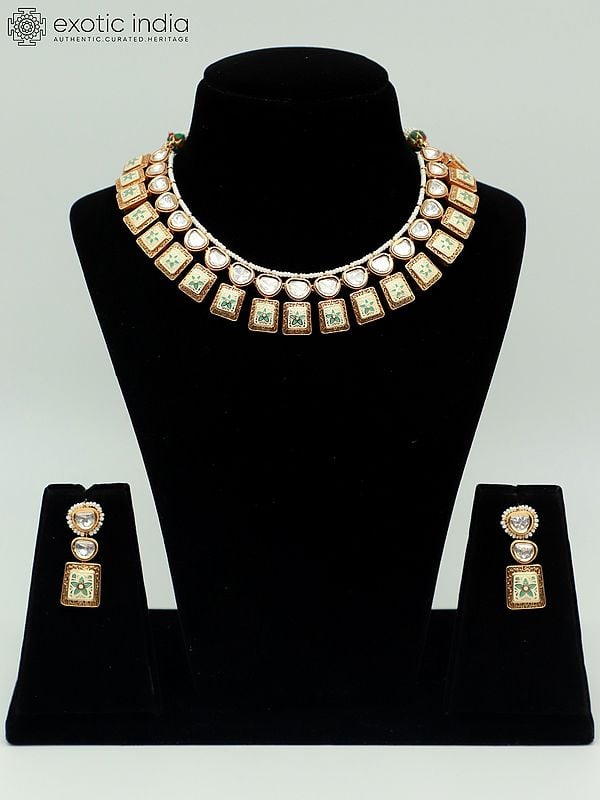 exotic india Square Shape Brass Necklace Set With Meenakari Carving And Earrings 
