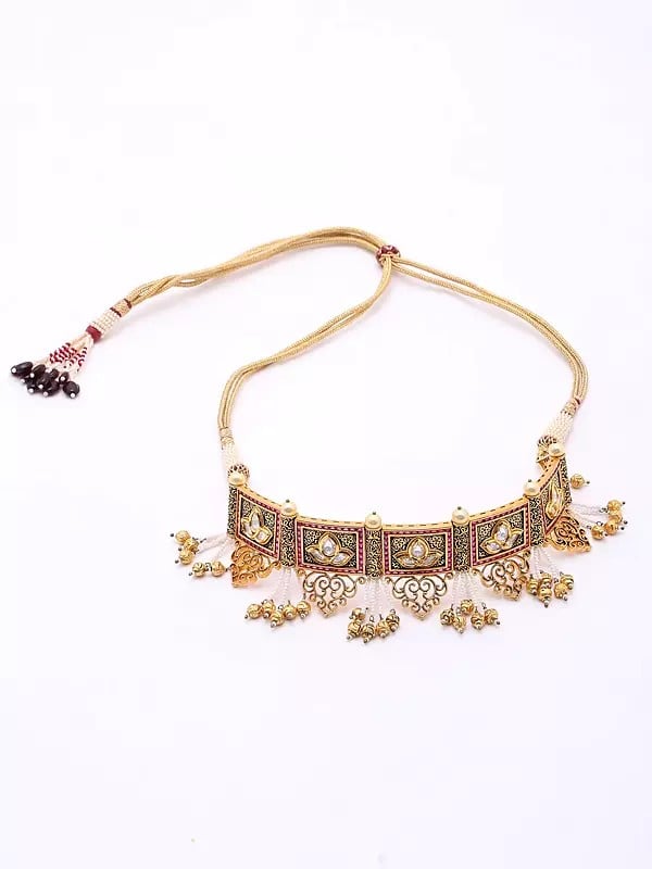 Exotic India Square Shape Choker And Earrings Set With Beads Drop 
