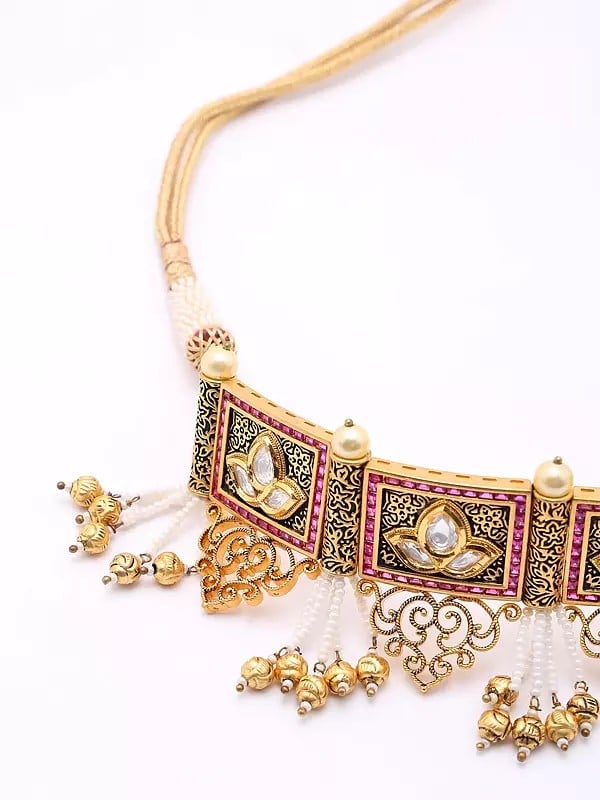 Exotic India Square Shape Choker And Earrings Set With Beads Drop 