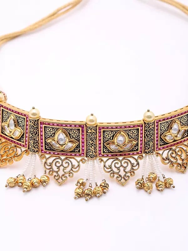 Exotic India Square Shape Choker And Earrings Set With Beads Drop 