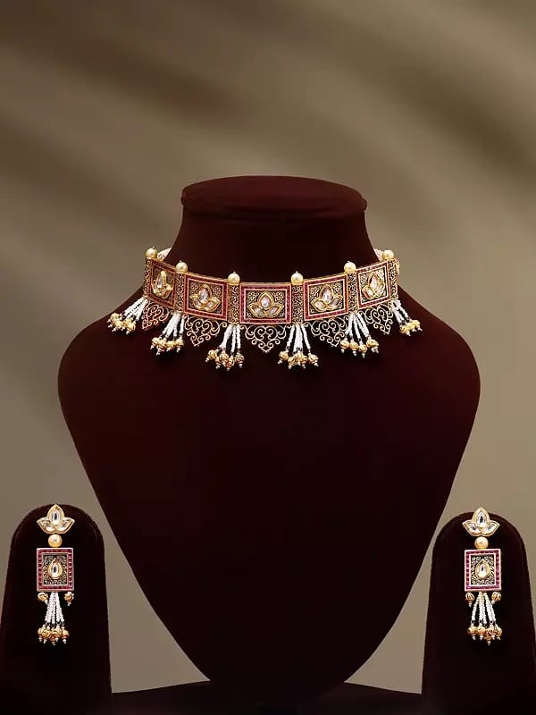 exotic india Square Shape Choker and Earrings Set with Beads Drop 
