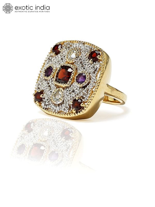Exotic India Square Shape Gold-Plated Sterling Silver Ring With Garnet Amethyst And Aquamarine 