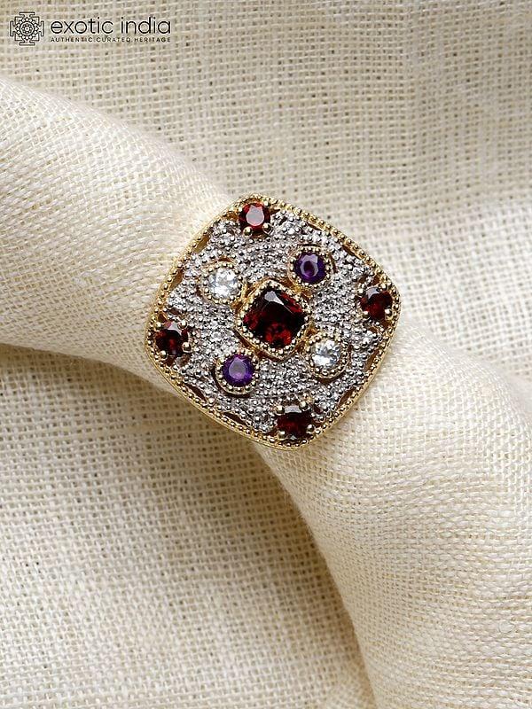 Exotic India Square Shape Gold-Plated Sterling Silver Ring With Garnet Amethyst And Aquamarine 