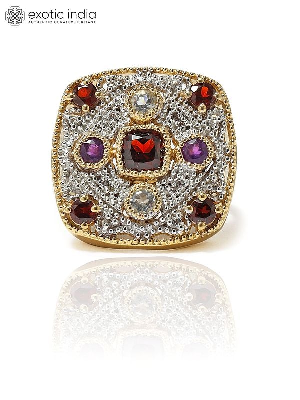 exotic india Square Shape Gold-Plated Sterling Silver Ring with Garnet Amethyst and Aquamarine 