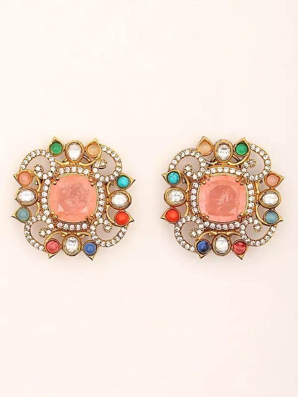 Exotic India Square Shape Multi Stone Studded Earrings 