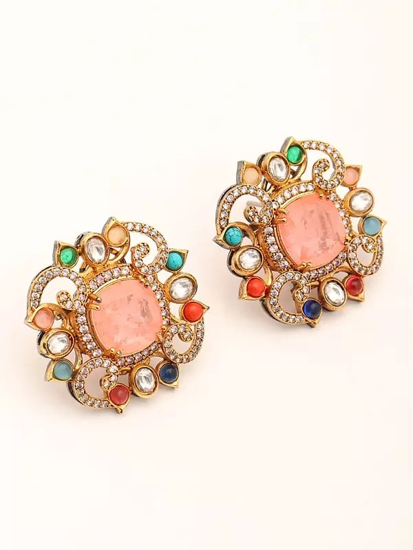 Exotic India Square Shape Multi Stone Studded Earrings 